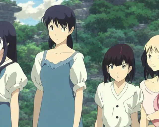 Image similar to three pretty!!!! anime women looking disgustedly!!!!! at the viewer, by makoto shinkai, studio ghibli