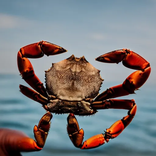 Image similar to crab biting the finger of an old man, canon eos r 3, f / 1. 4, iso 2 0 0, 1 / 1 6 0 s, 8 k, raw, unedited, symmetrical balance, wide angle