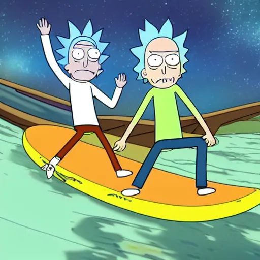 Image similar to an episode from rick and morty where rick surf on skate in the shape of morty