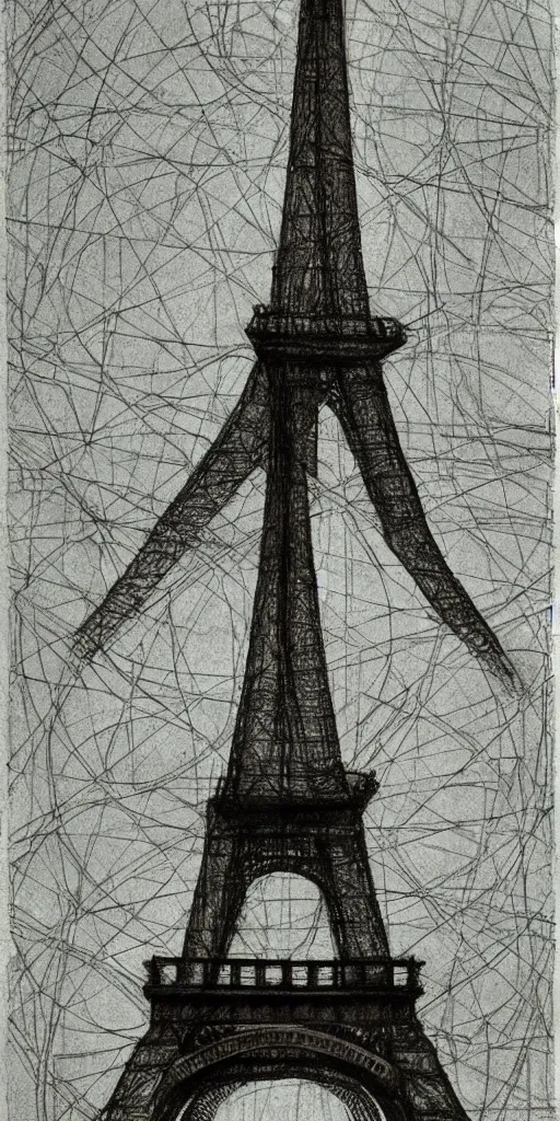 Image similar to architectural design studies of Eiffel Tower, different closeup view, drawn by Leonardo da Vinci, ancient ink draw, artistic, intricated