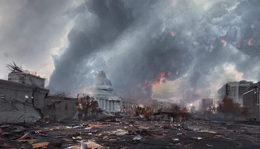 Image similar to tornado destroy washington dc, debris, destruction, fire, smoke columns, ashes, hyperdetailed, artstation, cgsociety, 8 k