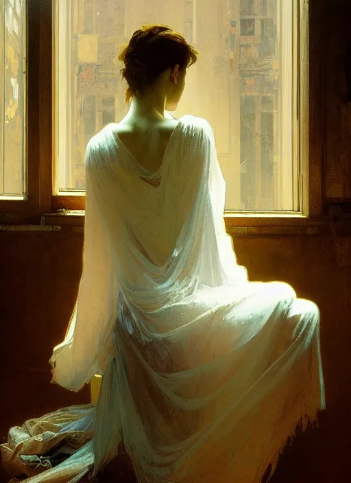 Prompt: a portrait of beautiful woman sitting on the floor, inside an old apartment, detailed oil painting, misty, ethereal, soft lighting, by craig mullins and alphonse mucha and jeremy mann