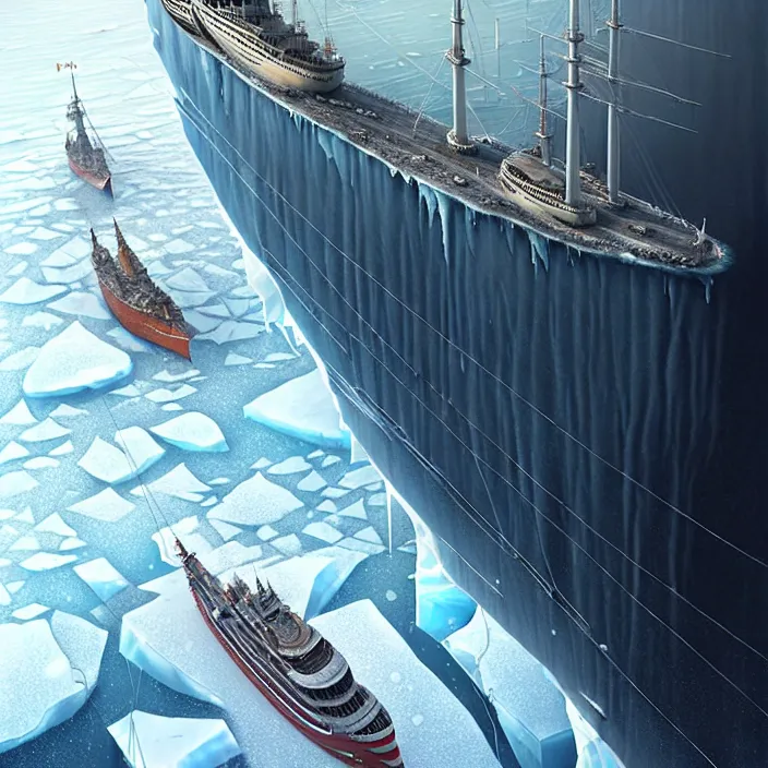 Prompt: one enormous gigantic steel shipshaped fortress sailing across an icy frozen ocean. masterpiece, cinematic, hyperdetailed, photorealistic, hyperrealism, octane rendering, depth of field, bokeh, architecture, shadows, aerial view, art by tom bagshaw, geof darrow, james gurney, filip hodas