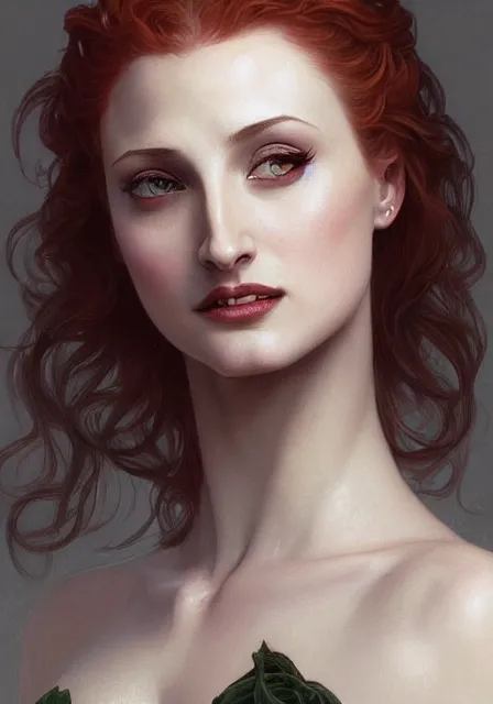 Image similar to sansa angeline jolie gessica chastain vampire teeth, intricate, elegant, highly detailed, digital painting, artstation, concept art, smooth, sharp focus, illustration, art by artgerm and greg rutkowski and alphonse mucha and william - adolphe bouguereau