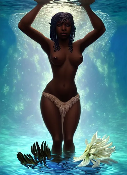 Image similar to underwater photography full body portrait of a dark skin mermaid haitian goddess, white lilies, underwater, intricate, sensual features, dewy skin, reflective skin, highly detailed, divine holy perfection!! digital painting, artstation, concept art, smooth, sharp focus, warm lighting, illustration, art by artgerm and greg rutkowski and alphonse mucha