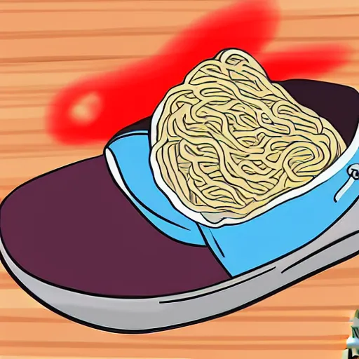 Prompt: wikihow illustration how to put ramen in your shoe