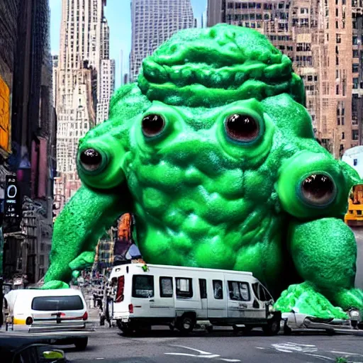 Image similar to huge slime monsters with one eye attacks new york