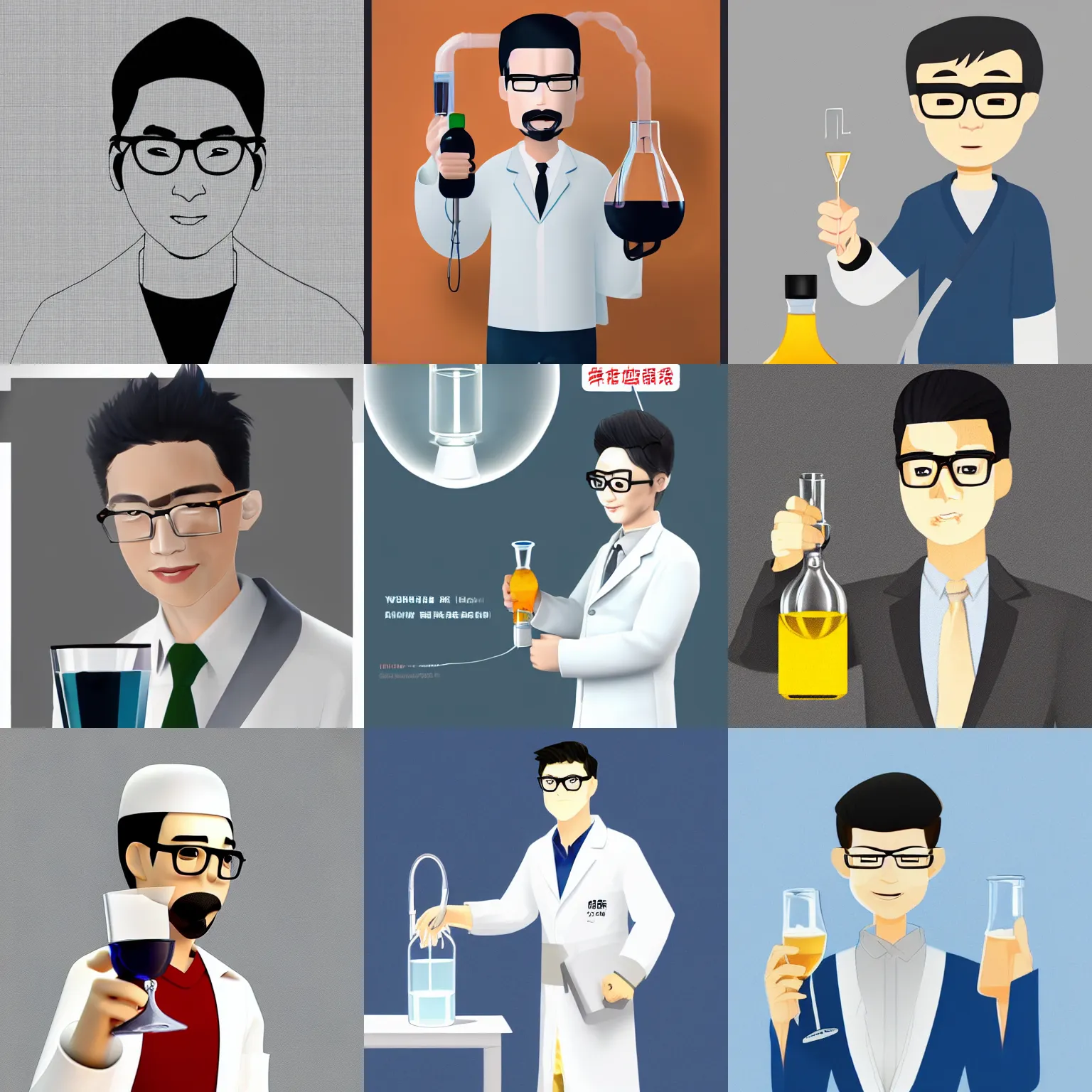 Prompt: chinese male with glasses wearing a white lab coat and holding a glass dispensing funnel, full body, artstation