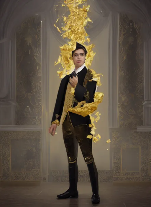 Image similar to young handsome Camilo as a paper man wearing a golden crown and a black tissue paper prince tuxedo by Prada. ethereal, fantasy, Lawrence Alma-Tadema, James Jean, oozium, peter morbacher, angelarium, alchemy, luxury, heavenly light, Soft illumination, Trending on artstation, Cinematic Lighting, very detailed, 3D, octane render, artgerm