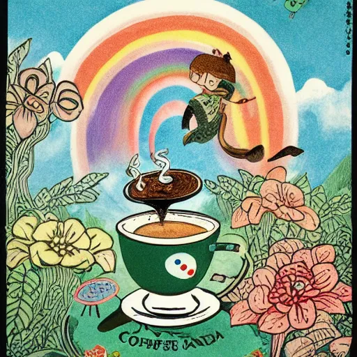 Image similar to a coffee advertisement with friendly monsters dancing around beautiful steaming cups of coffee, amongst coffee beans and flowers, and rainbows in the style of Japanese illustration, Maurice Sendak, Tove Jansson, high definition