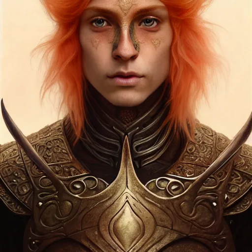 Prompt: portrait painting of a young elven man with a soft face and short light orange hair and tribal tattoos on his face wearing fur armor, ultra realistic, concept art, intricate details, eerie, highly detailed, photorealistic, octane render, 8 k, unreal engine. art by artgerm and greg rutkowski and charlie bowater and magali villeneuve and alphonse mucha