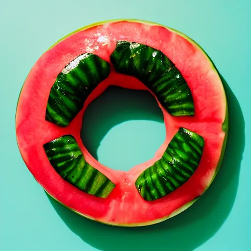 Image similar to Perfectly circular donut!!!!! in the shape of a watermelon!!!!!!, trending on artstation, 4k, 8k, professional photography, overhead shot, 35mm lens