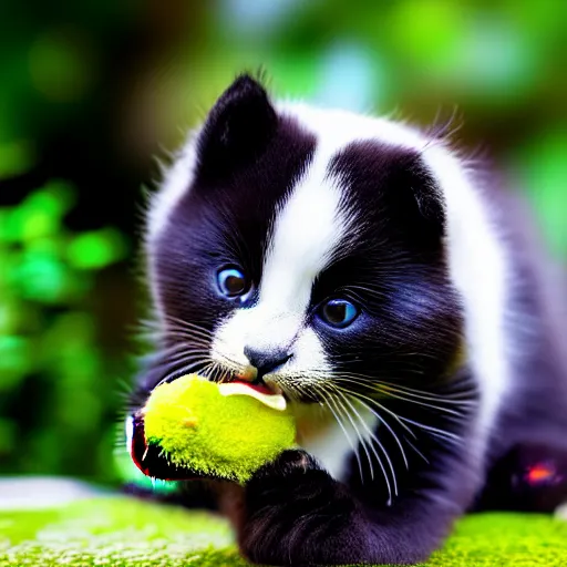 Image similar to cute kitten with cat body and panda face, eats bambus, highly detailed, sharp focus, photo taken by nikon, 4 k