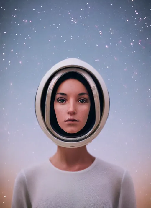 Prompt: photograph portrait of a very pretty!!! woman! symmetric face, petzval lens. out of focus, look at the camera. in an very detailed big astronaut costume. futuristic helmet, space station. by alesio albi and george lucas and stanley kubrick