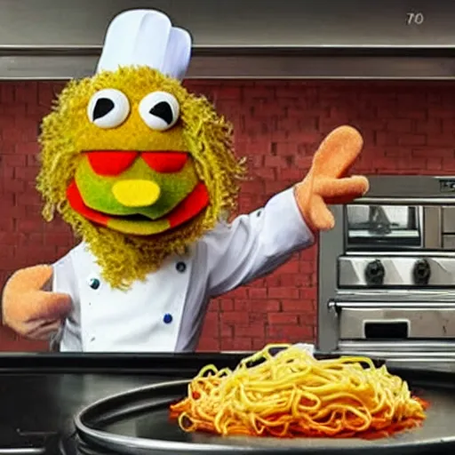 Image similar to italian chef cooking muppets like spaghetti