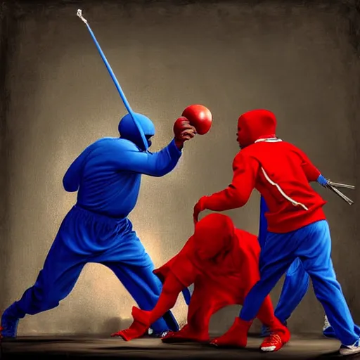 Image similar to crips vs bloods, uhd, painting, 8 k by emanuele dascanio and robin eley