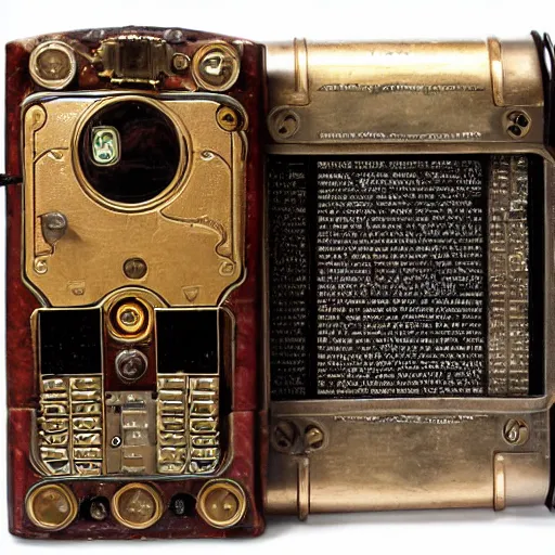 Prompt: an extremely complex and advanced steampunk cellphone from the 1940s