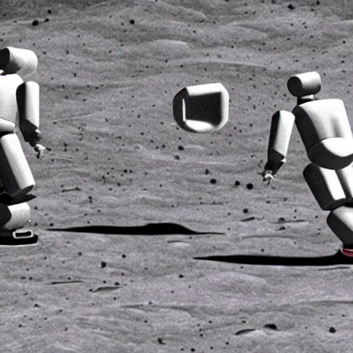 Image similar to a group of robots on the moon playing ultimate frisbee