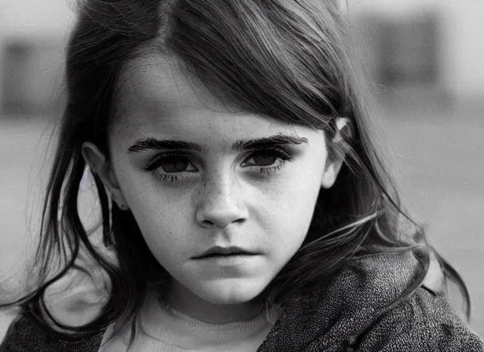 Image similar to professional fine detailed photo portrait of young emma watson from makhachkala, dagestan. kid emma watson in the postsoviet suburbia, iphone photo, instagram, black and white - - cfg _ scale 7