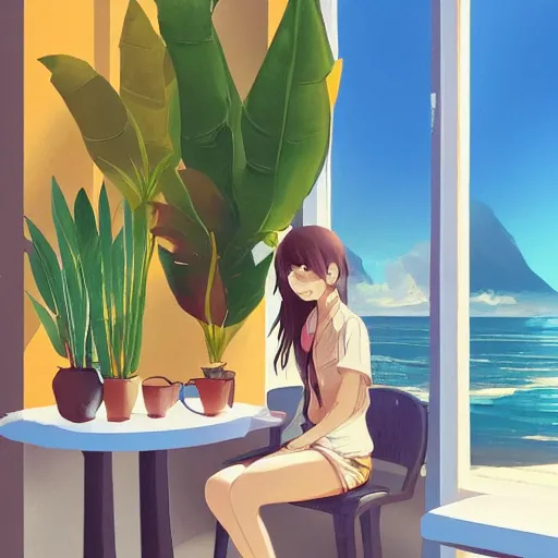 Image similar to a thin, pretty young Filipino woman sits near the window of a cute seaside Cafe with an espresso, golden morning light, cozy, tropical plants, anime style art, trending on artstation