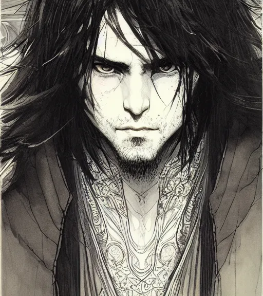 Image similar to portrait of anime man with long dark hair wearing a dark robe, pen and ink, intricate line drawings, by craig mullins, ruan jia, kentaro miura, greg rutkowski, loundraw