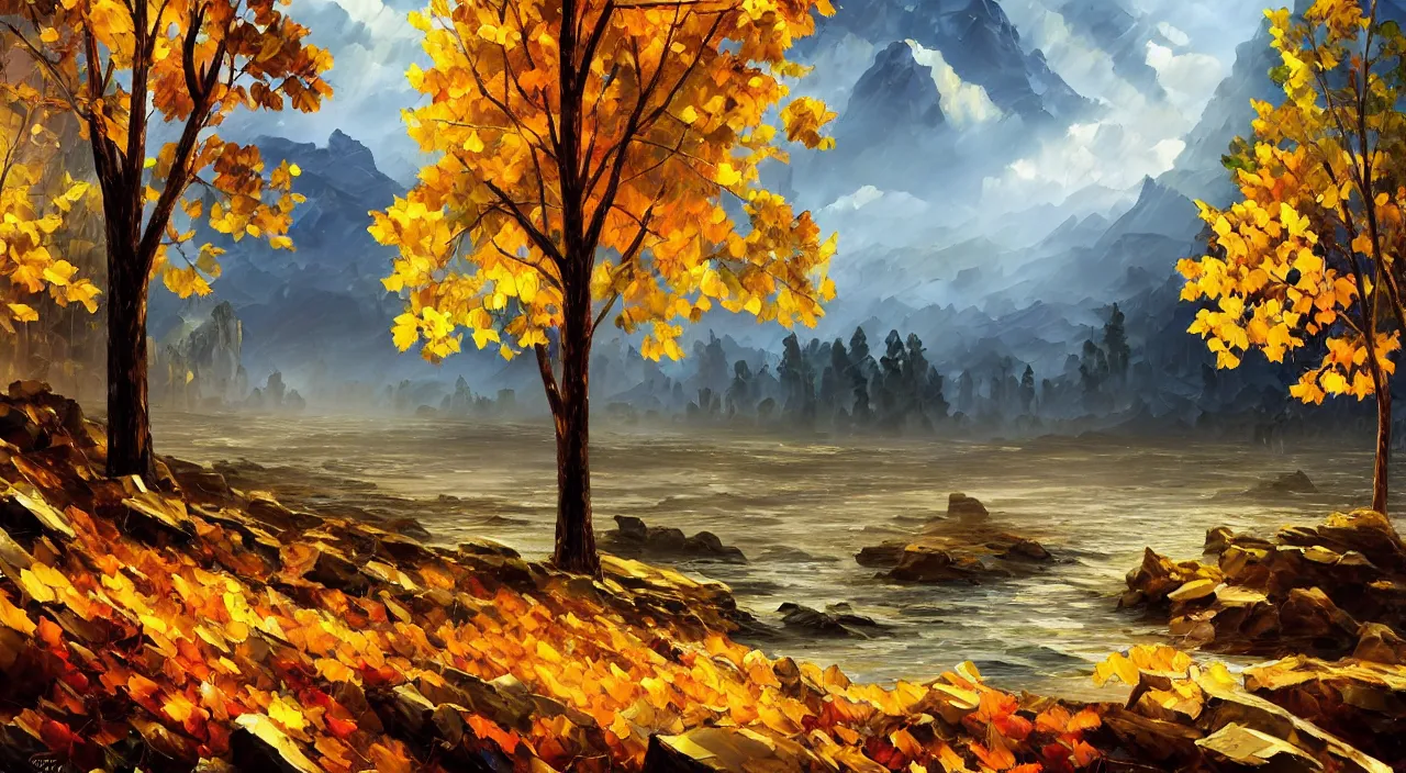 Image similar to A highly detailed matte oil painting by Afremov and Greg Rutkowski of a very tall tree with lots of golden leaves growing on a pile of rocks in the middle of a river of pure gold.