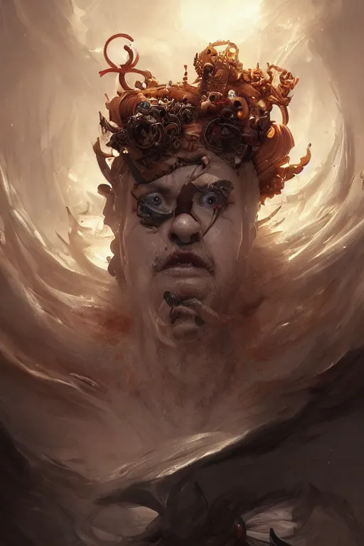 Prompt: art masterpice, comical clown faced cthulu descending from the clouds, intricate, beautiful cinematic lighting, stunning painting by artgerm, caravaggio, android jones, wadim kashin