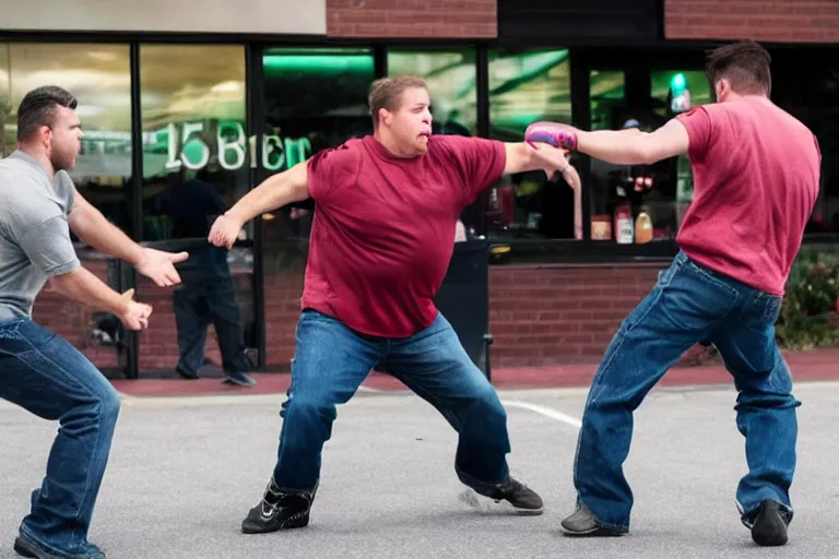 Image similar to two men fighting outside of an Applebee's