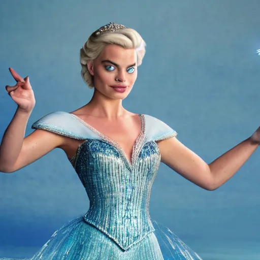 Image similar to Margot Robbie as Elsa in disney frozen live action, 8k full HD photo, cinematic lighting, anatomically correct, oscar award winning, action filled, correct eye placement,