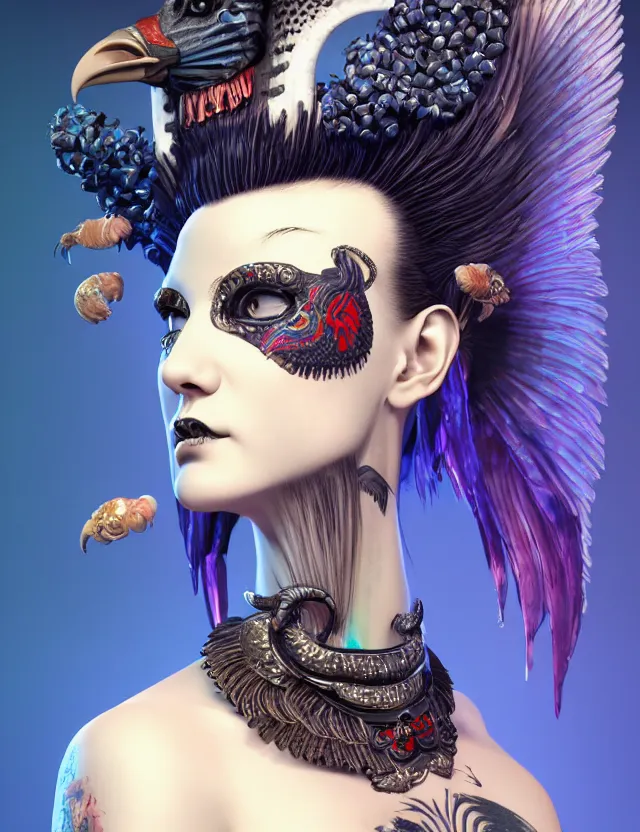 Image similar to 3 d goddess close - up profile portrait russian punk with mohawk with ram skull. beautiful detailed japanese crow kitsune mask and clasical japanese kimono. betta fish, jellyfish phoenix, bio luminescent, plasma, ice, water, wind, creature, artwork by tooth wu and wlop and beeple and greg rutkowski