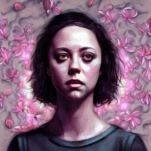 Image similar to black snake moan, breakfast club, pink petals with a a bored aubrey plaza and christina ricci mixed with mona lisa, intricate, elegant, highly detailed, wonderful eyes, sweet, digital painting, artstation, concept art, smooth, sharp focus, illustration, art by artgerm and greg rutkowski and concept art, rectilinear vaporwave