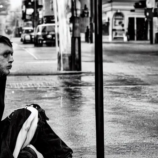 Prompt: black and white fashion photograph, highly detailed portrait of a depressed white drug dealer sitting on a busy street, looking into camera, eye contact, natural light, rain, mist, lomo, fashion photography, film grain, soft vignette, sigma 85mm f/1.4 1/10 sec shutter