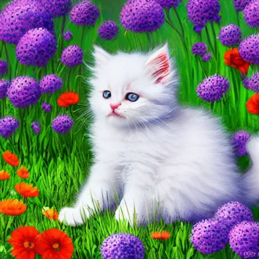 Prompt: cute fluffy kitten sitting in meadow of flowers landscape detailed painting 4 k