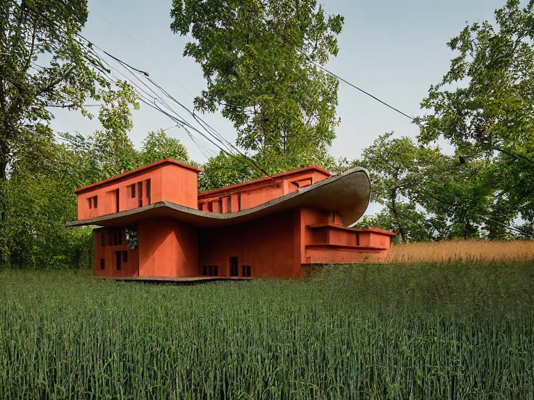 Image similar to hyperrealism colour design by frank lloyd wright and kenzo tange photography from 5 point of perspective of beautiful detailed small solarpunk house with many details in small detailed ukrainian village designed by taras shevchenko and wes anderson and caravaggio, wheat field behind the house, around the forest volumetric natural light