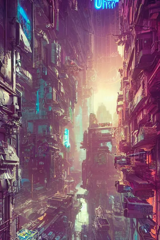 Prompt: ultra realistic glowing cyberpunk city + wide shot + elements + white + gold + cyan + baroque + rococo + ink, marc simonetti, paul pope, peter mohrbacher, detailed, intricate ink illustration