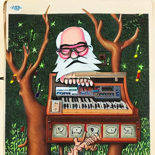 Image similar to old man white beard playing a synthesizer in a tree house, notes and clefs listening, lowbrow surrealistic, in the style of mark ryden,