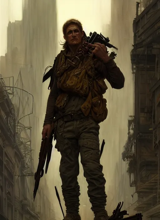 Prompt: a survivalist man, in postapocalypse city, diffuse lighting, fantasy, intricate, elegant, highly detailed, lifelike, photorealistic, digital painting, artstation, illustration, concept art, smooth, sharp focus, art by john collier and albert aublet and krenz cushart and alphonse mucha