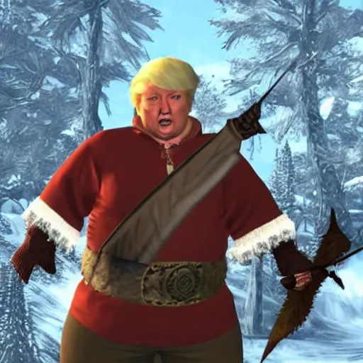 Image similar to fat Donald trump as a Skyrim character with an arrow shot through his knee