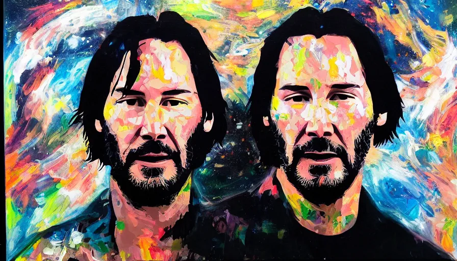 Prompt: Keanu reeves floating in space with a distressed look on his face, acrylic paint on canvas,