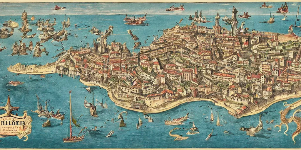 Prompt: map of the city of genoa medieval vintage great looking with sea monsters