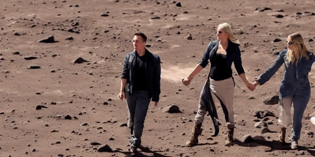 Image similar to elon musk and margot robbie holding hands on mars, highly detailed, hyper realistic