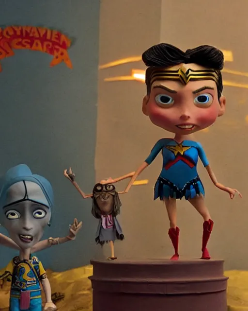 Image similar to steve buscemi ’ s wonder woman as a highly detailed stop motion puppet, in the style of laika studios ’ s paranorman, coraline, kubo and the two strings shot in the style