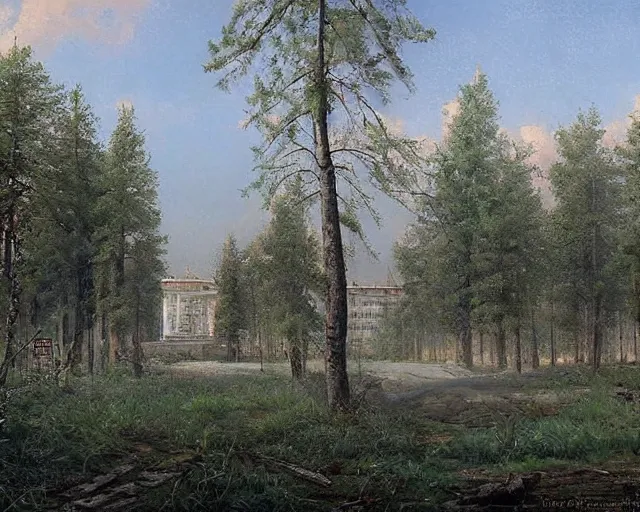 Prompt: beautiful matte painting of cute soviet block of flats hrushevka in end of forest by ivan shishkin