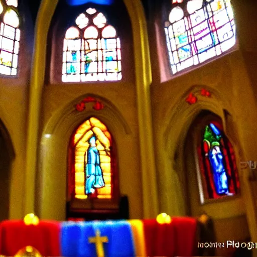 Prompt: a sock in a colored glass in a big church, 1 4 mm, photorealistic, much detailed