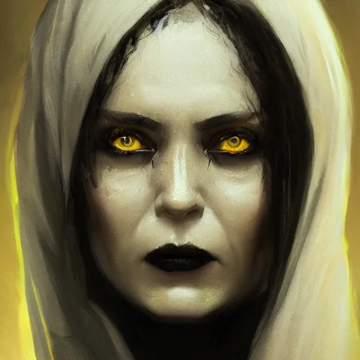 Image similar to portrait of a woman by greg rutkowski, a woman with yellow skin, black lips wearing black robes and a hodd, evil energy, star wars expanded universe, she is about 6 0 years old, highly detailed portrait, digital painting, artstation, concept art, smooth, sharp foccus ilustration, artstation hq