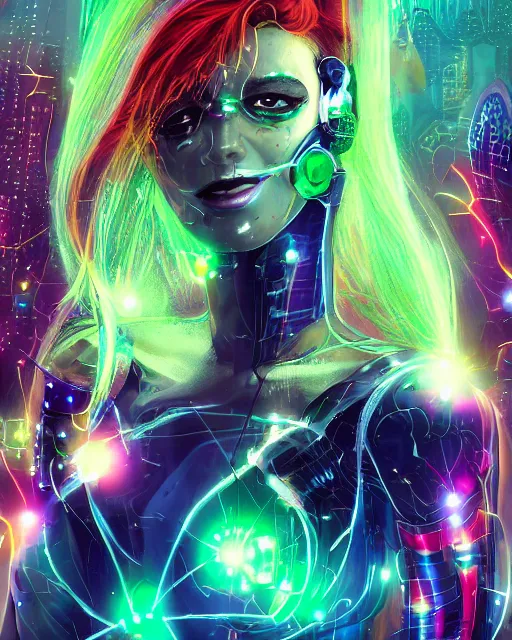 Image similar to a cyberpunk close up portrait of enchanting cyborg poison ivy, electricity, rainbow, sparks, bokeh, soft focus, sparkling, glisten, water drops, cold, dark, geometric, temples behind her, by paul lehr, jesper ejsing