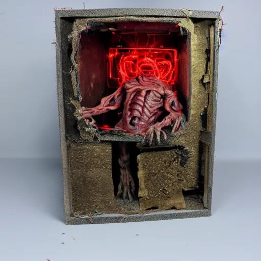 Prompt: a large box made out of human flesh, doom monster, electronic circuitry, skin, flesh!, blood, clumps of hair, lights, led, computer