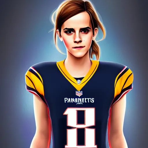 Prompt: emma watson in new england patriots football uniform fanart, digital art, trending on artstation