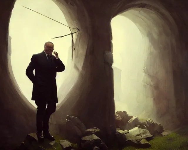 Image similar to president of poland opens a dark portal. fantasy art by greg rutkowski, gustave courbet, rosa bonheur, edward hopper. faithfully depicted facial expression, perfect anatomy, sharp focus, global illumination, radiant light, detailed and intricate environment, trending on artstation