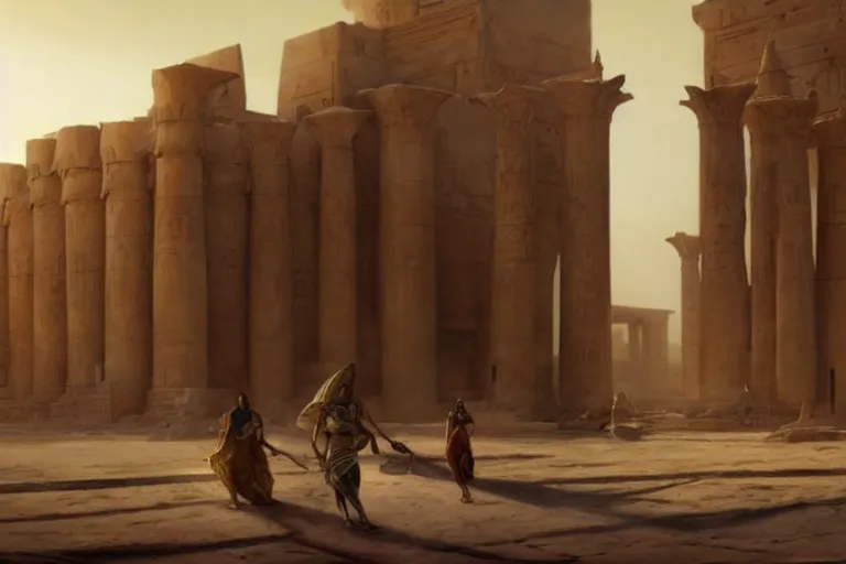 Prompt: a fantasy concept artwork depicting magnificent egyptian temple in the desert and the sandstorm is approaching by anders zorn, craig mullins and greg rutkowski, beautiful cinematic light